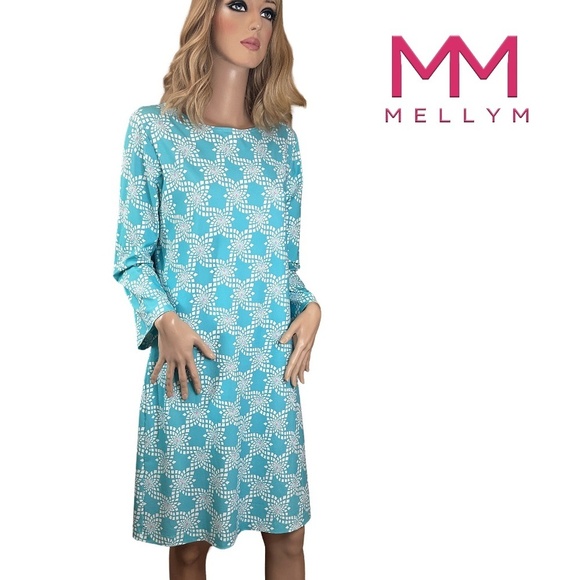 Melly M Dress Pretty Turquoise Pattern Long Sleeve Straight Cut Made in USA NWOT - Picture 1 of 12